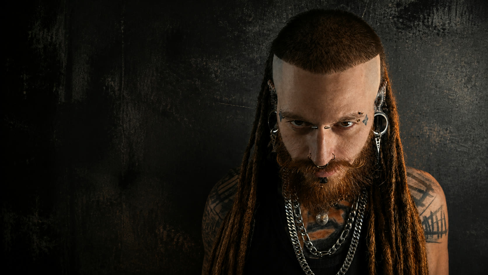 Wide art-directed portrait of Uriel with facial piercings, stretched ears and long dreadlocks